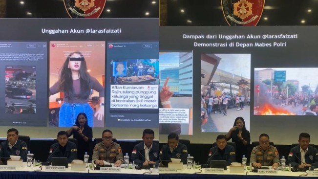 Dirtipidsiber Bareskrim Polri Brigjen Himawan Bayu Aji menjelaskan modus operandi tersangka Laras Faizati (LFK) dalam konferensi pers, Rabu (3/9/2025) malam. [Instagram @divisihumaspolri]